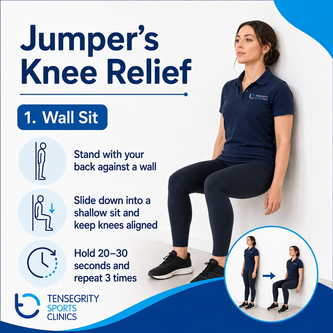Wall sit exercise for jumper’s knee, holding a shallow seated position against a wall with knees aligned