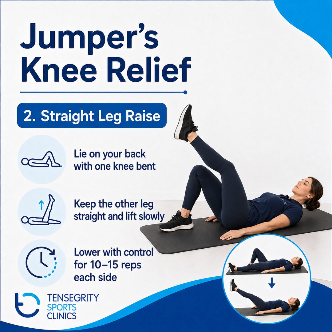 Straight leg raise exercise for jumper’s knee, lying on the back and lifting one straight leg slowly
