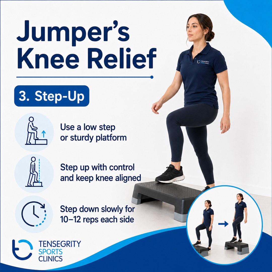 Step-up exercise for jumper’s knee, stepping onto a low platform with the knee aligned and stepping down slowly