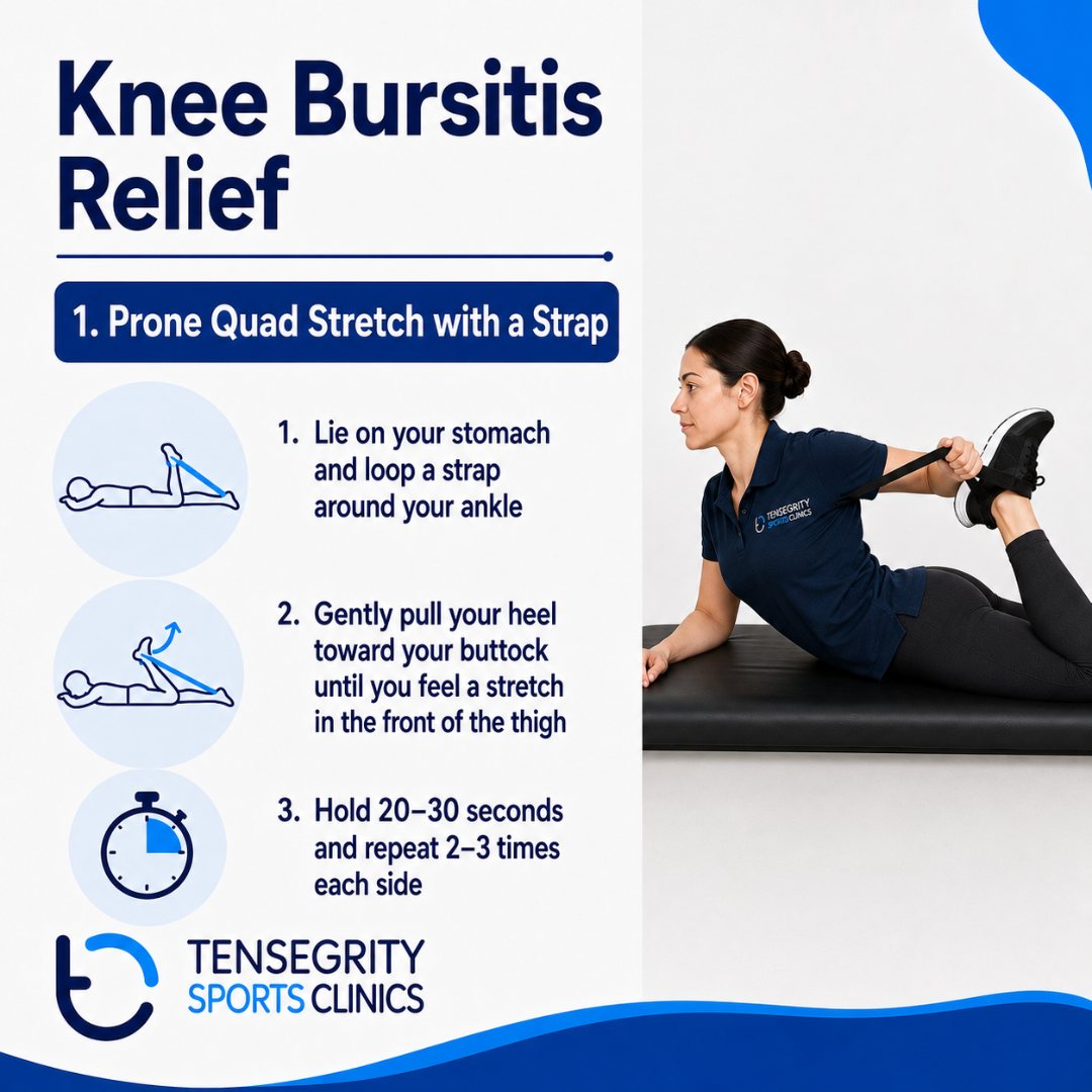 Prone quad stretch with a strap for knee bursitis, lying face down pulling the heel toward the buttock