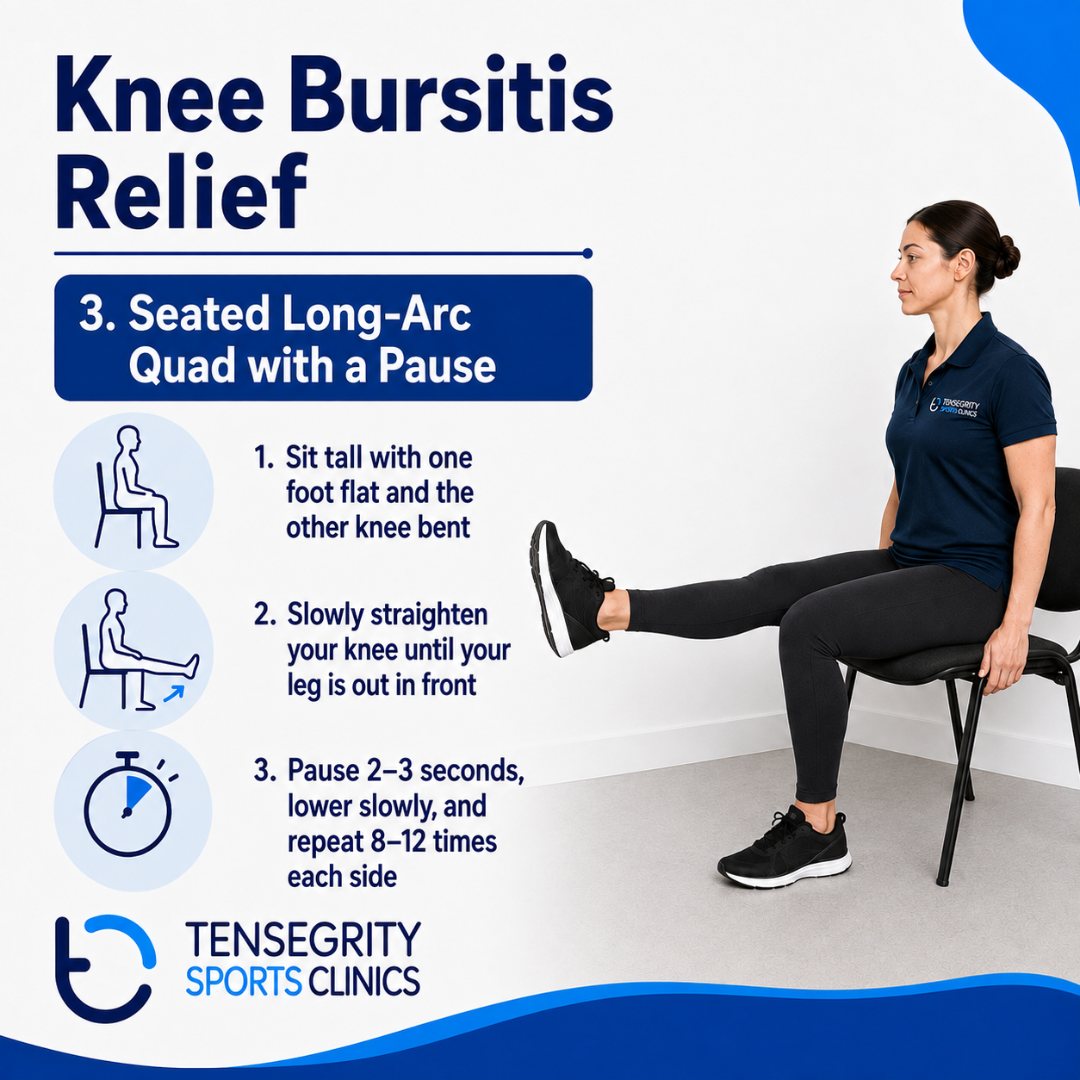 Seated long-arc quad with a pause for knee bursitis, sitting tall and straightening the knee out in front
