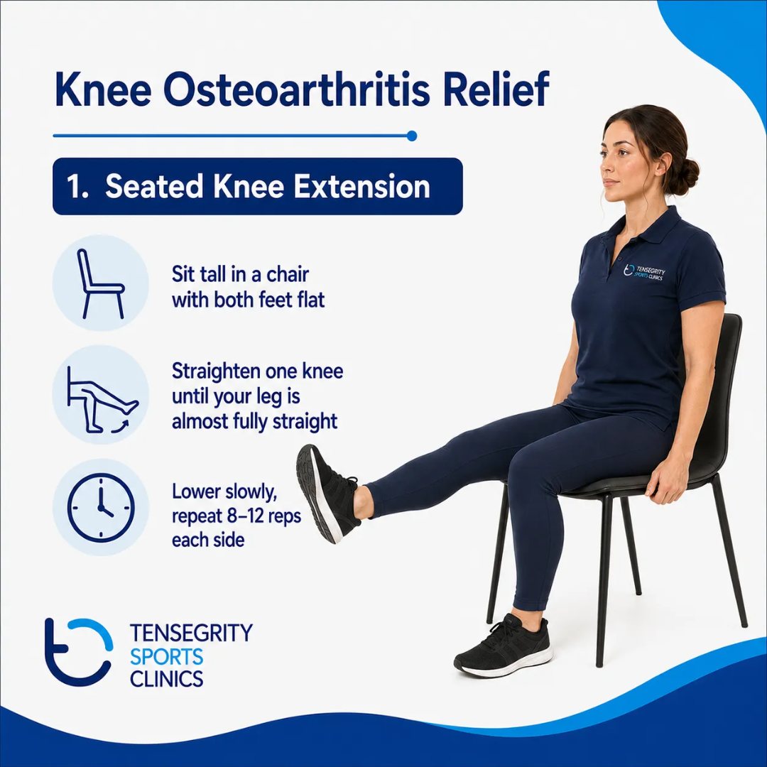 Seated knee extension for knee osteoarthritis, sitting tall in a chair straightening one knee