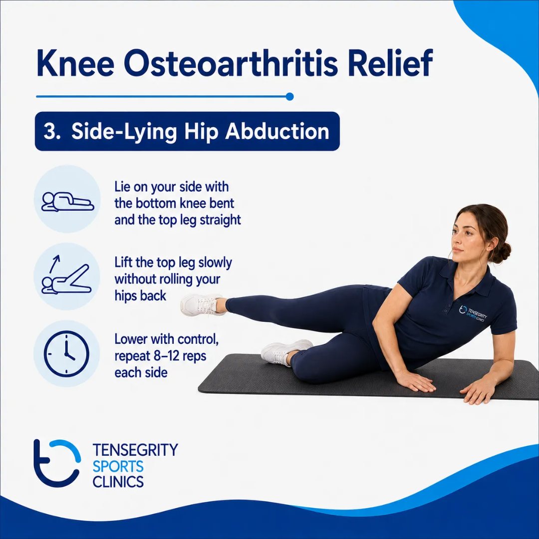 Side-lying hip abduction for knee osteoarthritis, lying on the side lifting the top leg without rolling the hips back