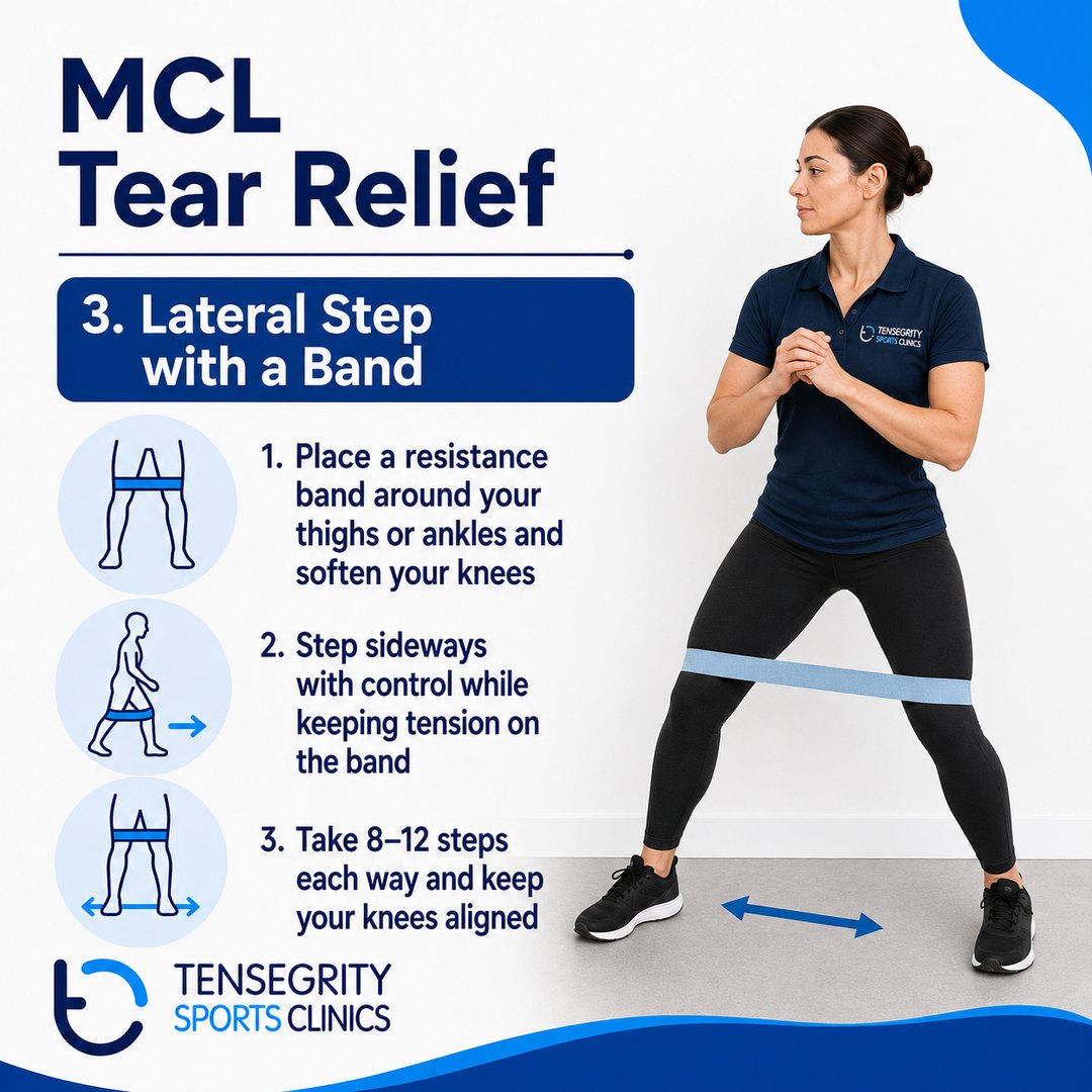 Lateral step with a band, exercise 3 for an MCL tear