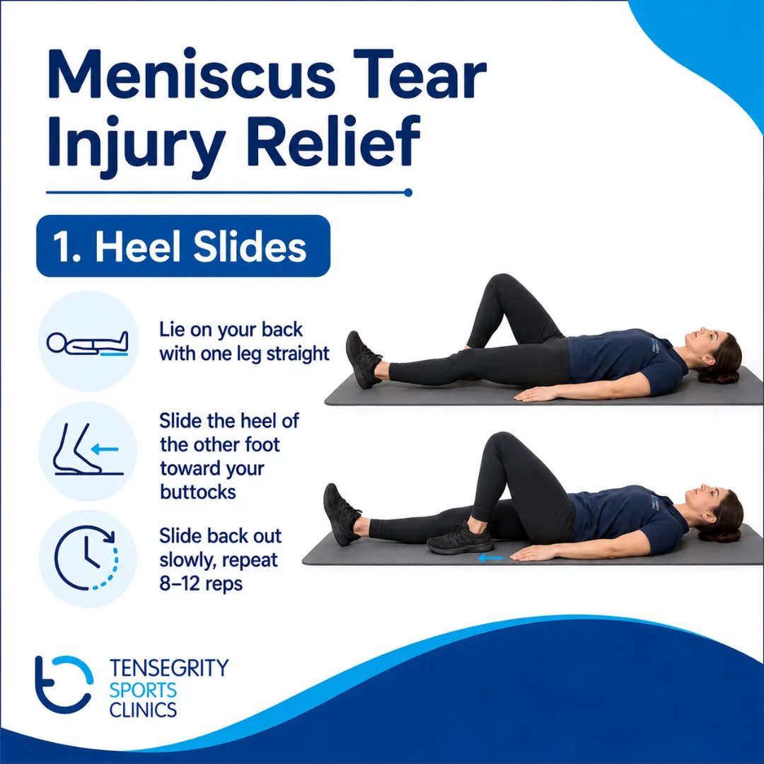Heel slide for a meniscus tear, lying on the back sliding the heel of one foot towards the buttocks