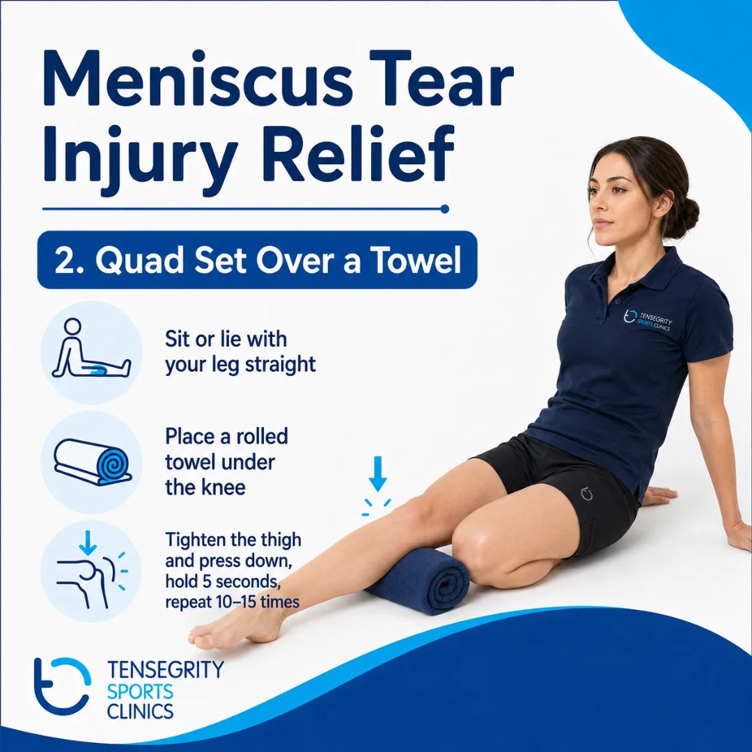Quad set over a towel for a meniscus tear, sitting with the leg straight and a rolled towel under the knee, pressing down
