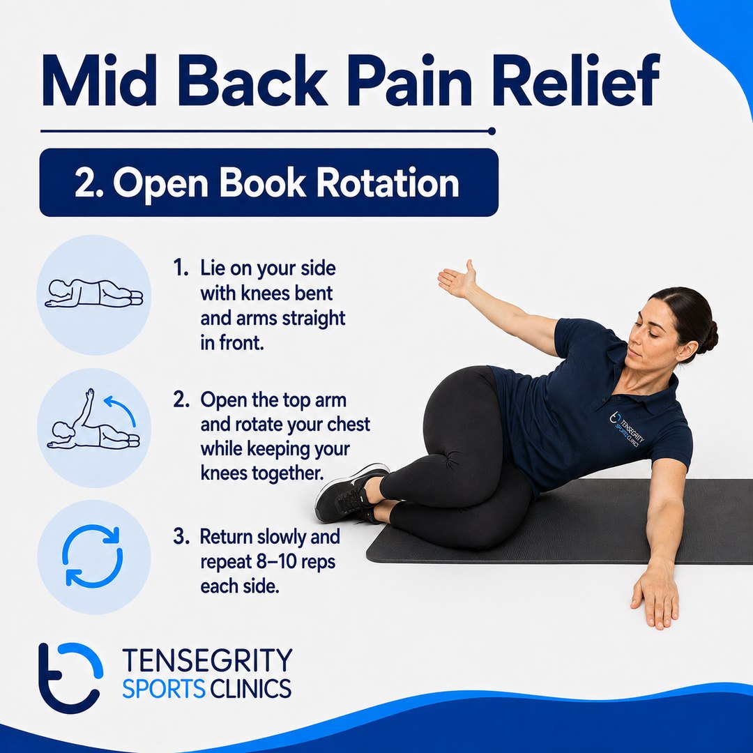 Open book rotation, exercise 2 for mid back pain