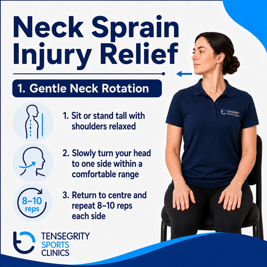 Gentle neck rotation for neck sprain, sitting tall turning the head slowly to one side within a comfortable range