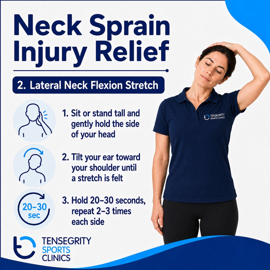 Lateral neck flexion stretch for neck sprain, tilting the ear toward the shoulder until a stretch is felt