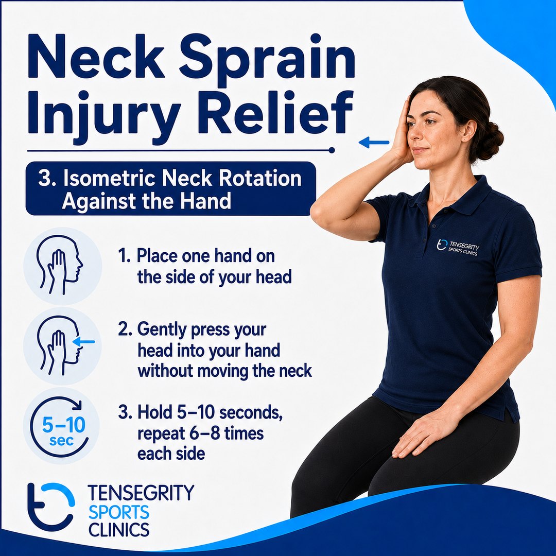 Isometric neck rotation against the hand for neck sprain, pressing the side of the head into the hand without moving the neck