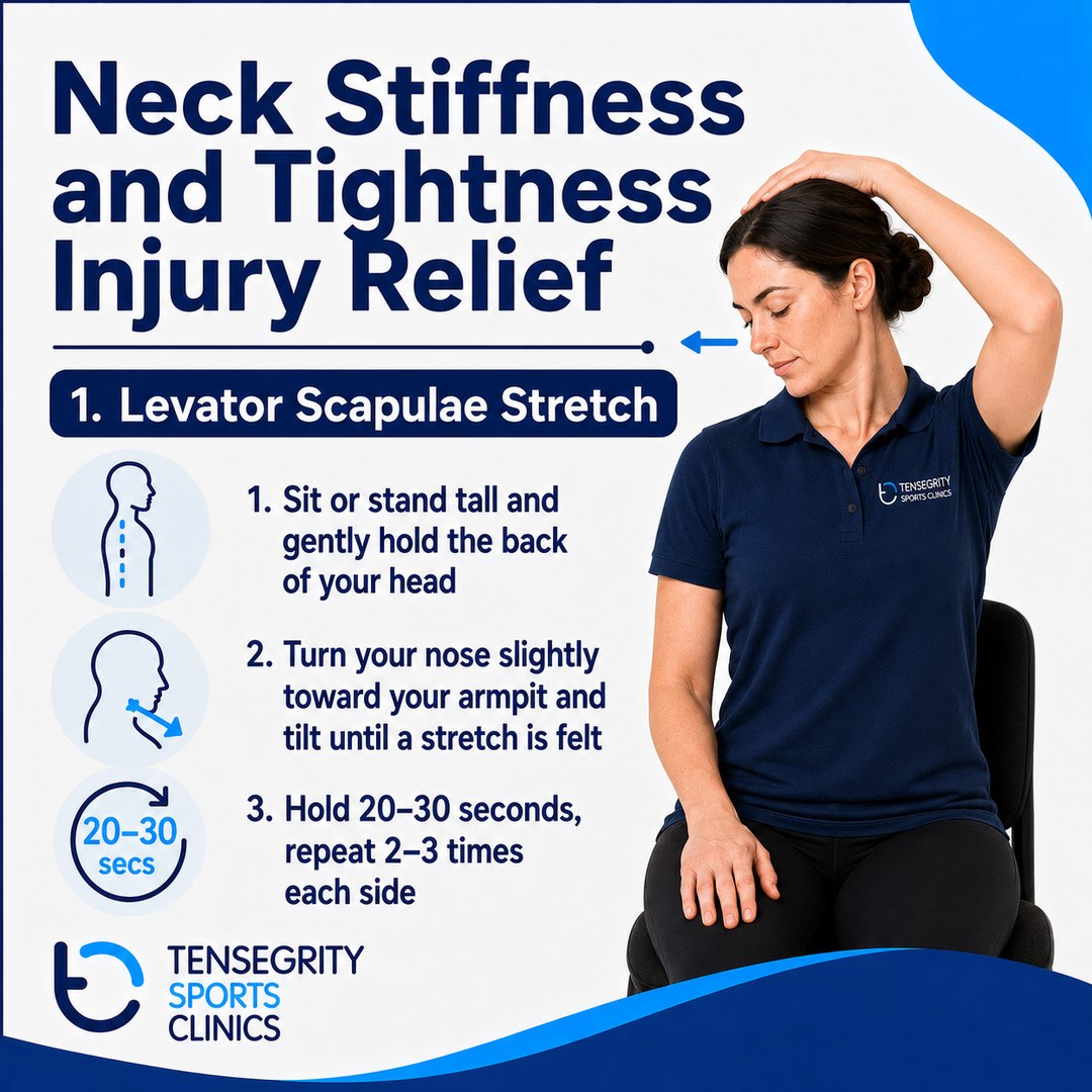 Levator scapulae stretch for neck stiffness, holding the back of the head and turning the nose toward the armpit