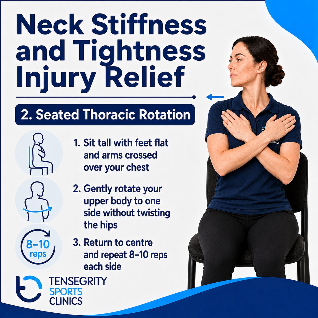 Seated thoracic rotation for neck stiffness, sitting tall with arms crossed rotating the upper body without twisting the hips