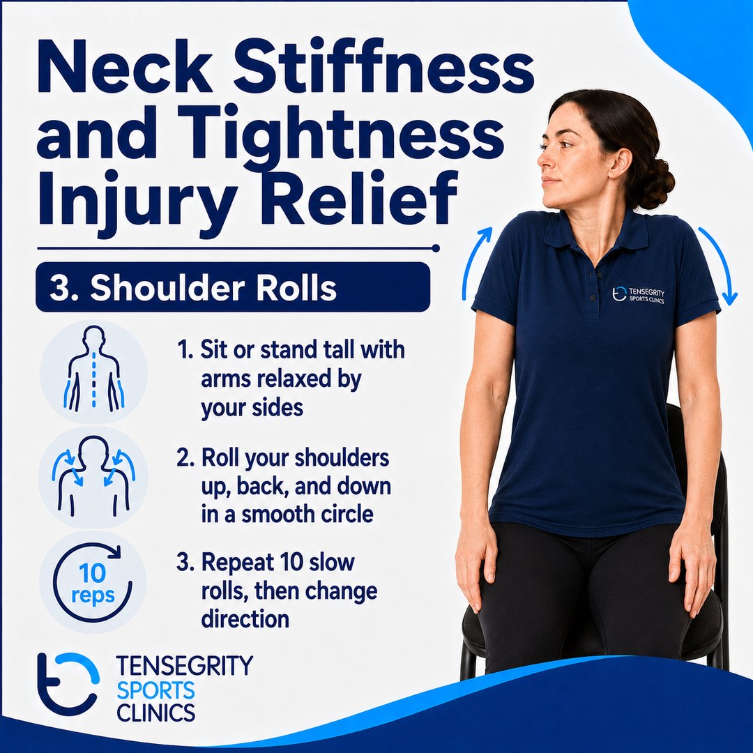 Shoulder rolls for neck stiffness, sitting or standing tall rolling the shoulders up, back and down