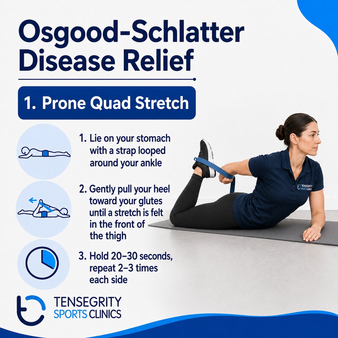 Prone quad stretch, exercise 1 for Osgood-Schlatter disease