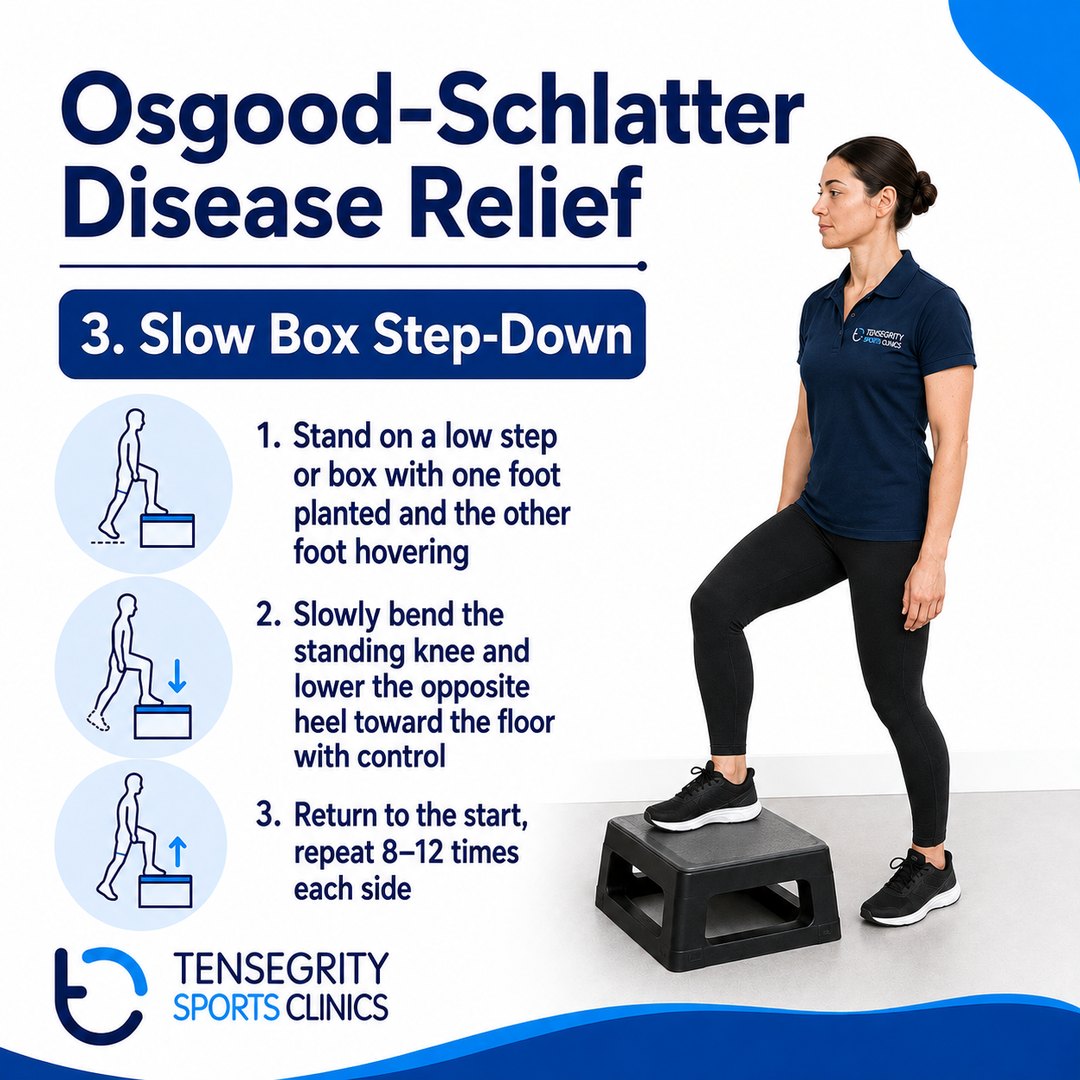 Slow box step down, exercise 3 for Osgood-Schlatter disease