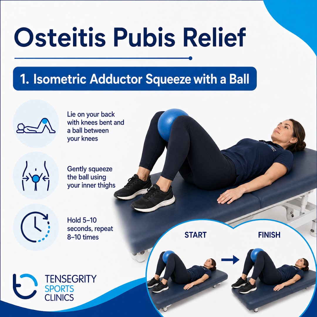 Isometric adductor squeeze with a ball for osteitis pubis, lying on the back squeezing a ball between the knees