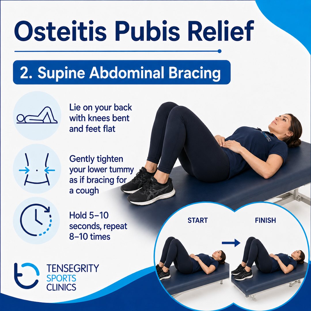 Supine abdominal bracing for osteitis pubis, lying on the back gently tightening the lower abdominal wall