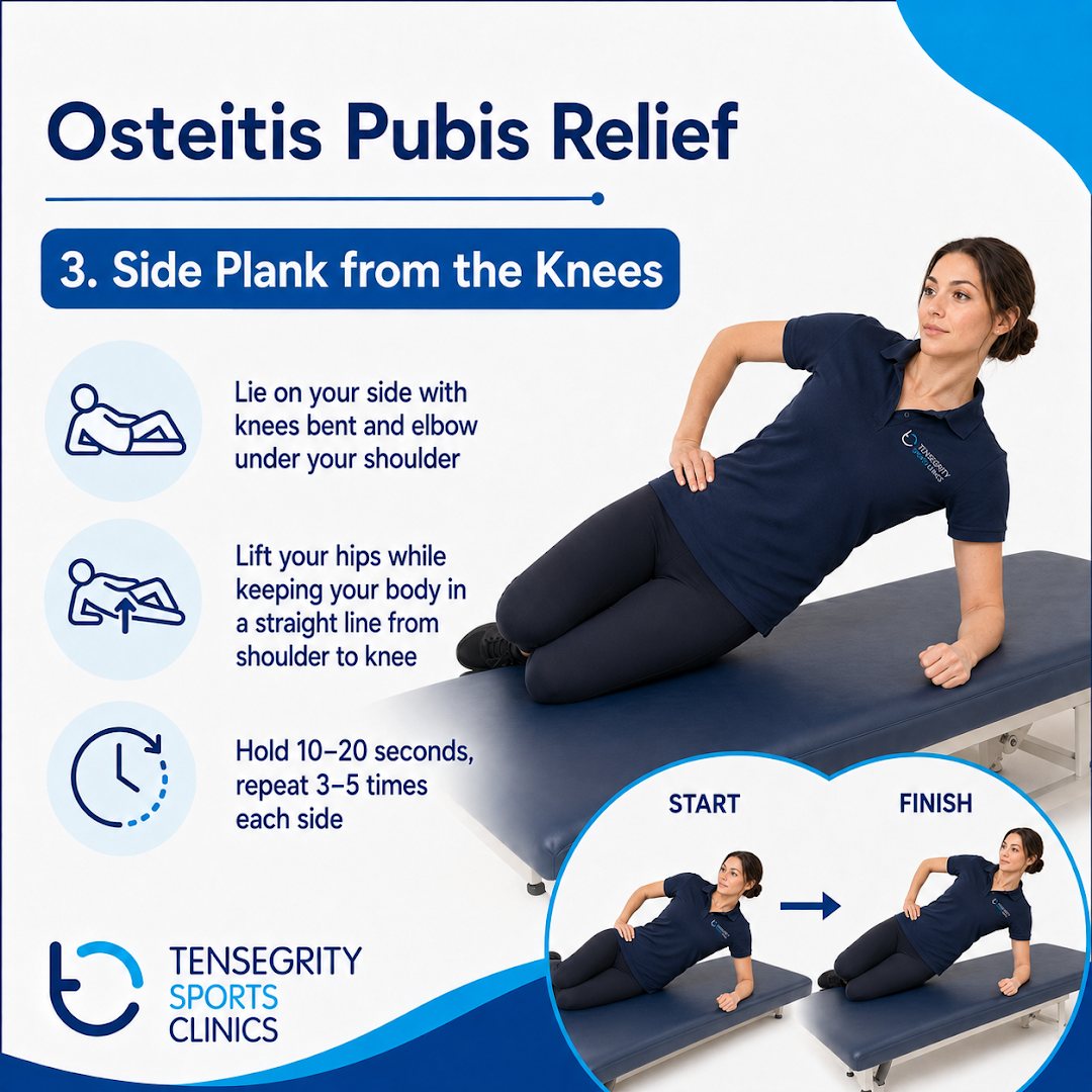 Side plank from the knees for osteitis pubis, lifting the hips into a straight line from shoulder to knee