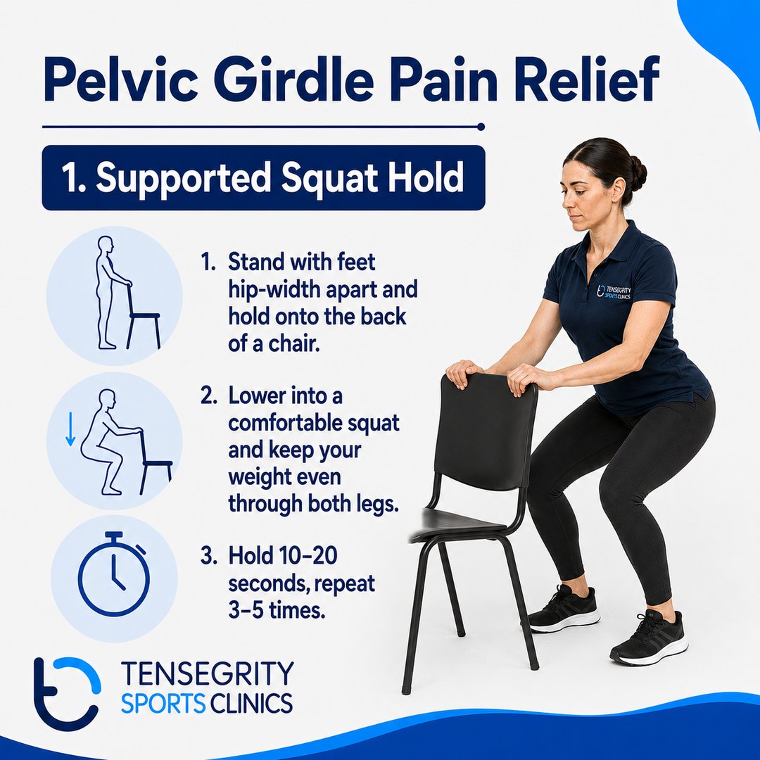 Supported squat hold, exercise 1 for pelvic girdle pain