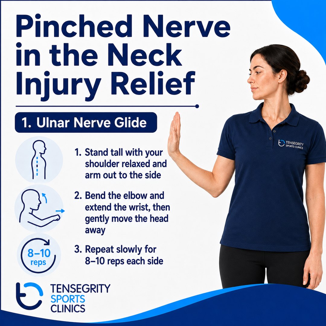 Ulnar nerve glide for a pinched nerve in the neck, arm out to the side bending the elbow and extending the wrist while moving the head away