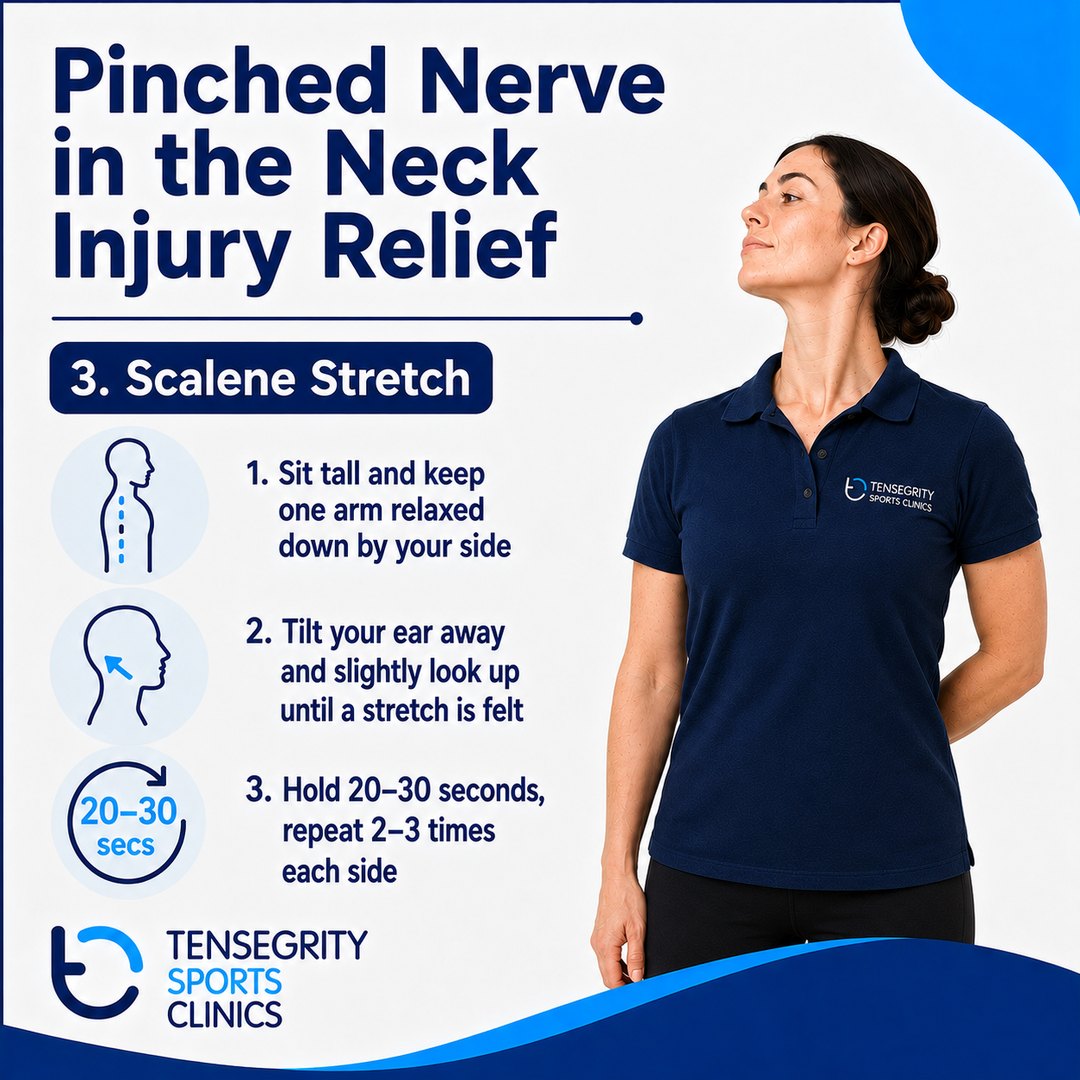 Scalene stretch for a pinched nerve in the neck, tilting the ear away and looking slightly up until a stretch is felt