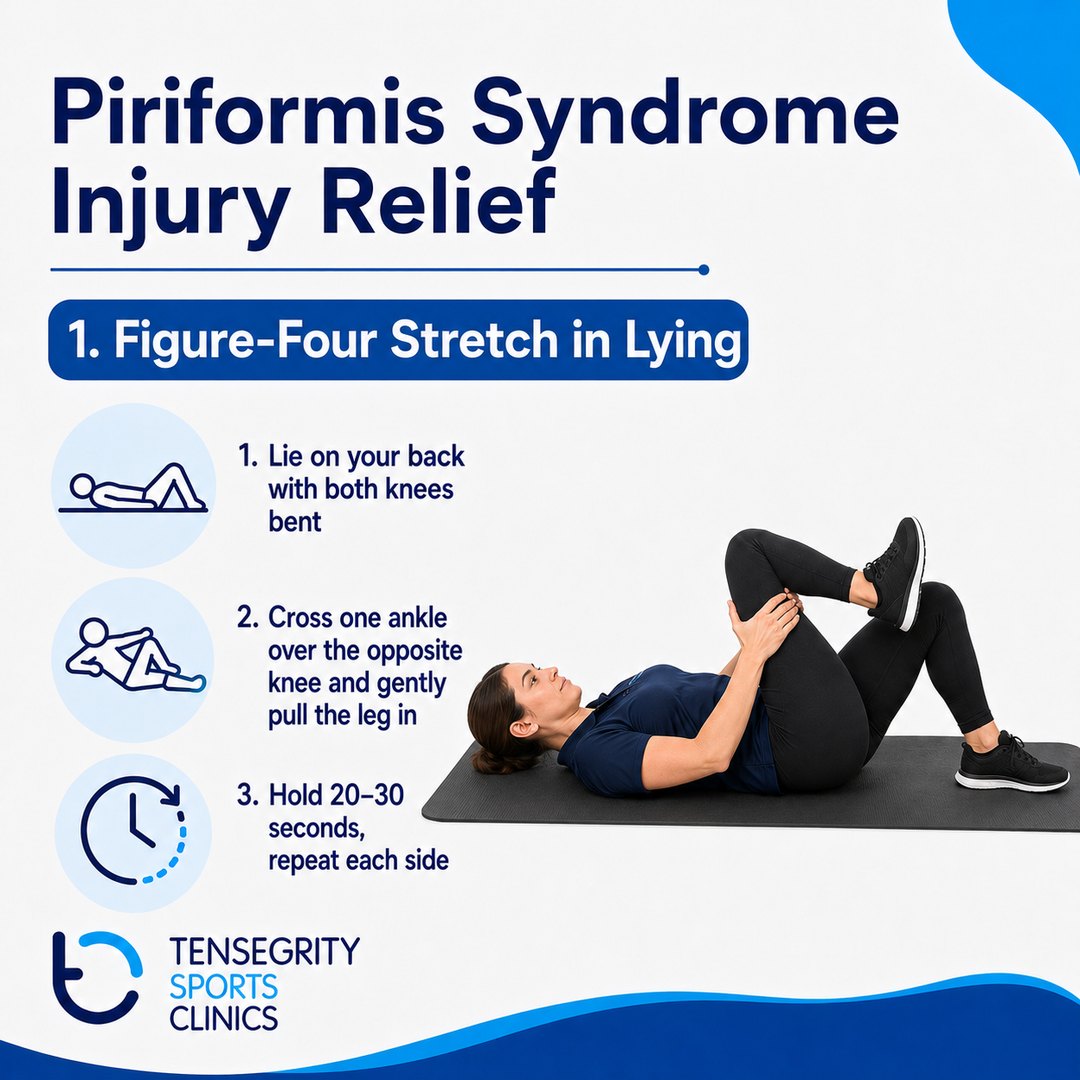 Figure-four stretch in lying for piriformis syndrome, lying on the back with one ankle crossed over the opposite knee and the leg drawn in