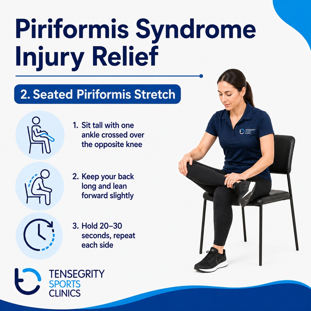 Seated piriformis stretch, sitting tall with one ankle crossed over the opposite knee and leaning forward with a long back