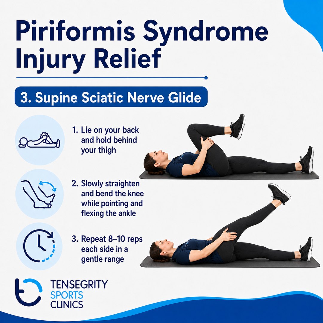 Supine sciatic nerve glide for piriformis syndrome, lying on the back holding behind the thigh and straightening and bending the knee