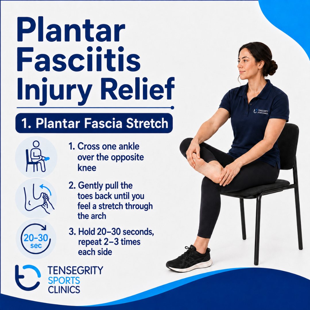 Plantar fascia stretch for plantar fasciitis, seated with one ankle crossed over the opposite knee and the toes gently pulled back