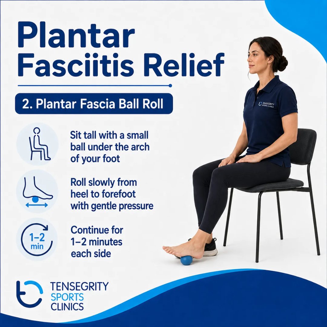 Plantar fascia ball roll, sitting tall with a small ball under the arch of the foot rolling slowly from heel to forefoot