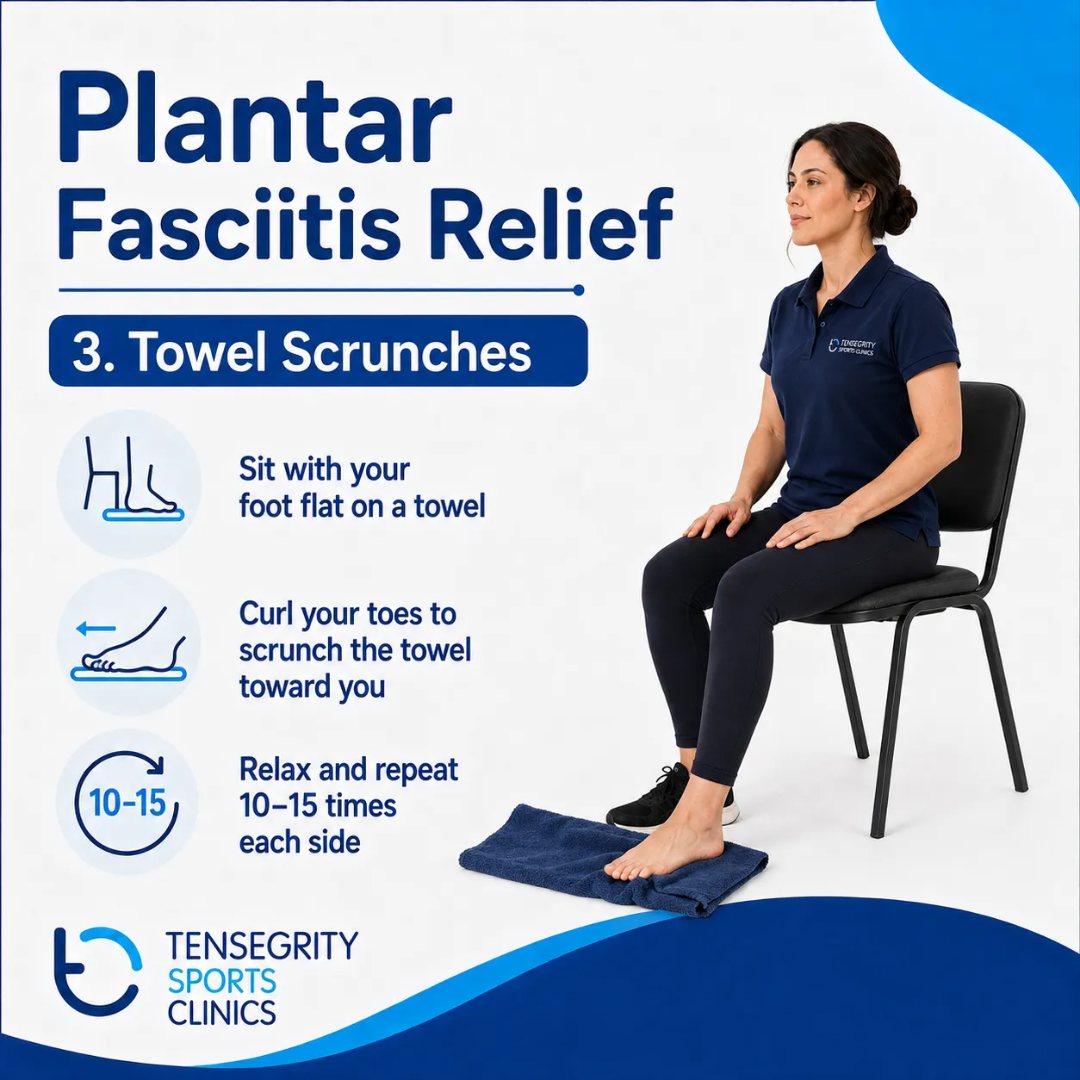 Towel scrunches for plantar fasciitis, sitting with the foot flat on a towel curling the toes to draw the towel closer