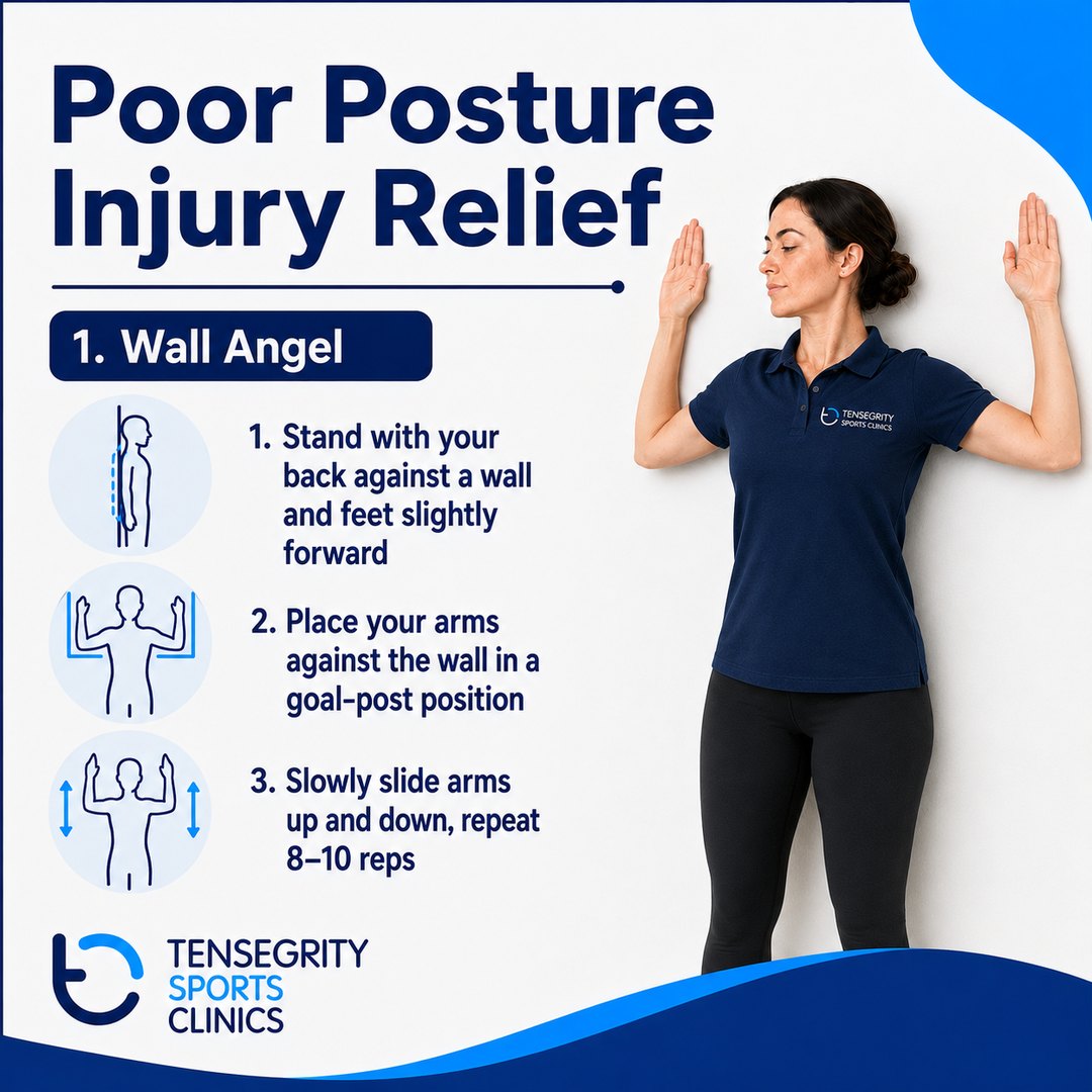 Wall angel exercise for posture, standing with the back against a wall sliding the arms up and down in a goal-post position