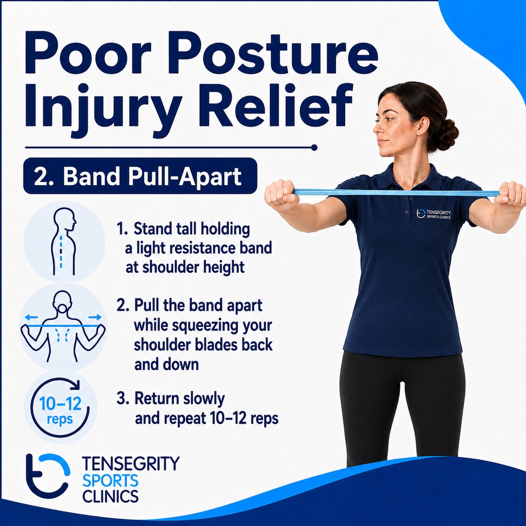 Band pull-apart for posture, standing tall pulling a resistance band apart while squeezing the shoulder blades back and down