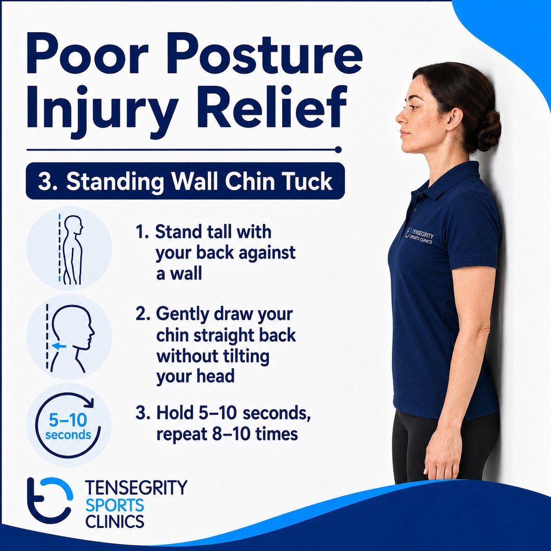 Standing wall chin tuck for posture, standing with the back against a wall drawing the chin straight back