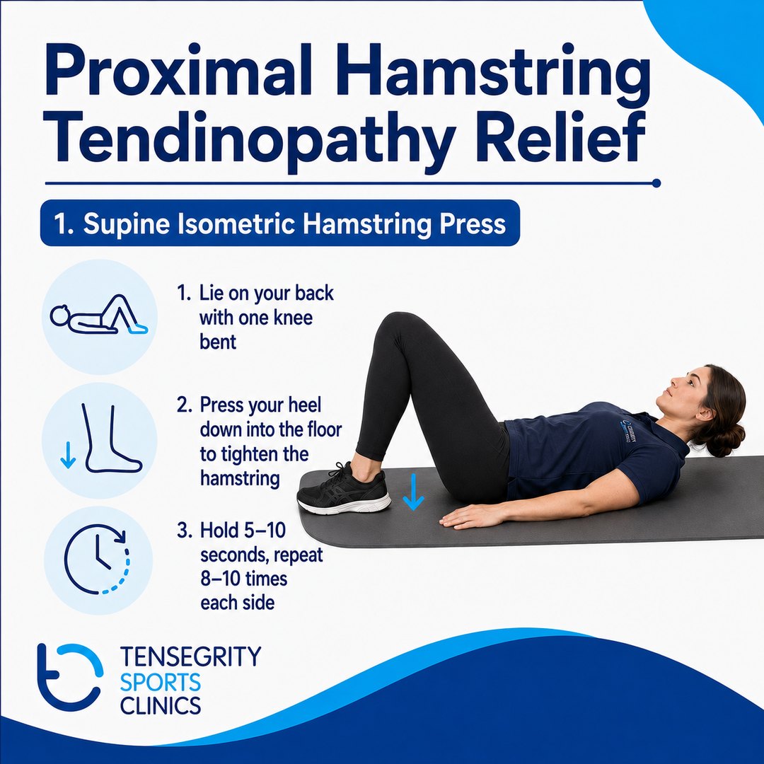 Supine isometric press, exercise 1 for proximal hamstring tendinopathy