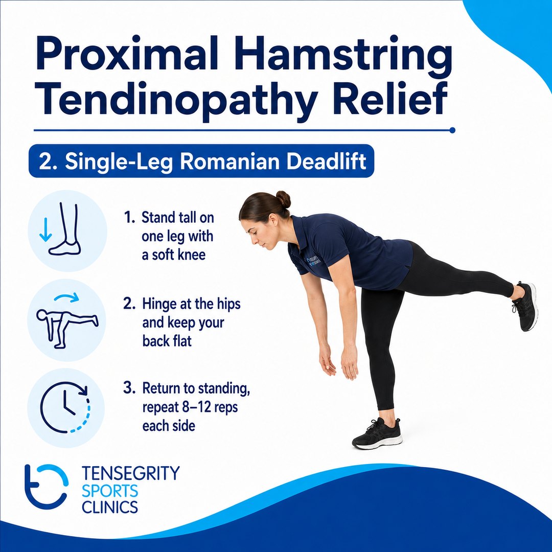 Single leg romanian deadlift, exercise 2 for proximal hamstring tendinopathy