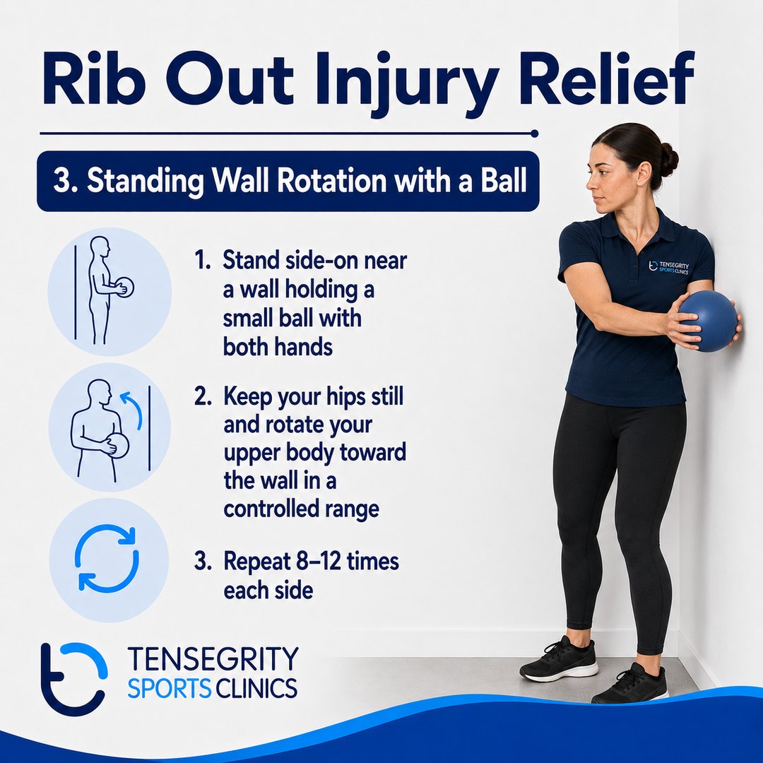 Standing wall rotation with a ball, exercise 3 for a rib out