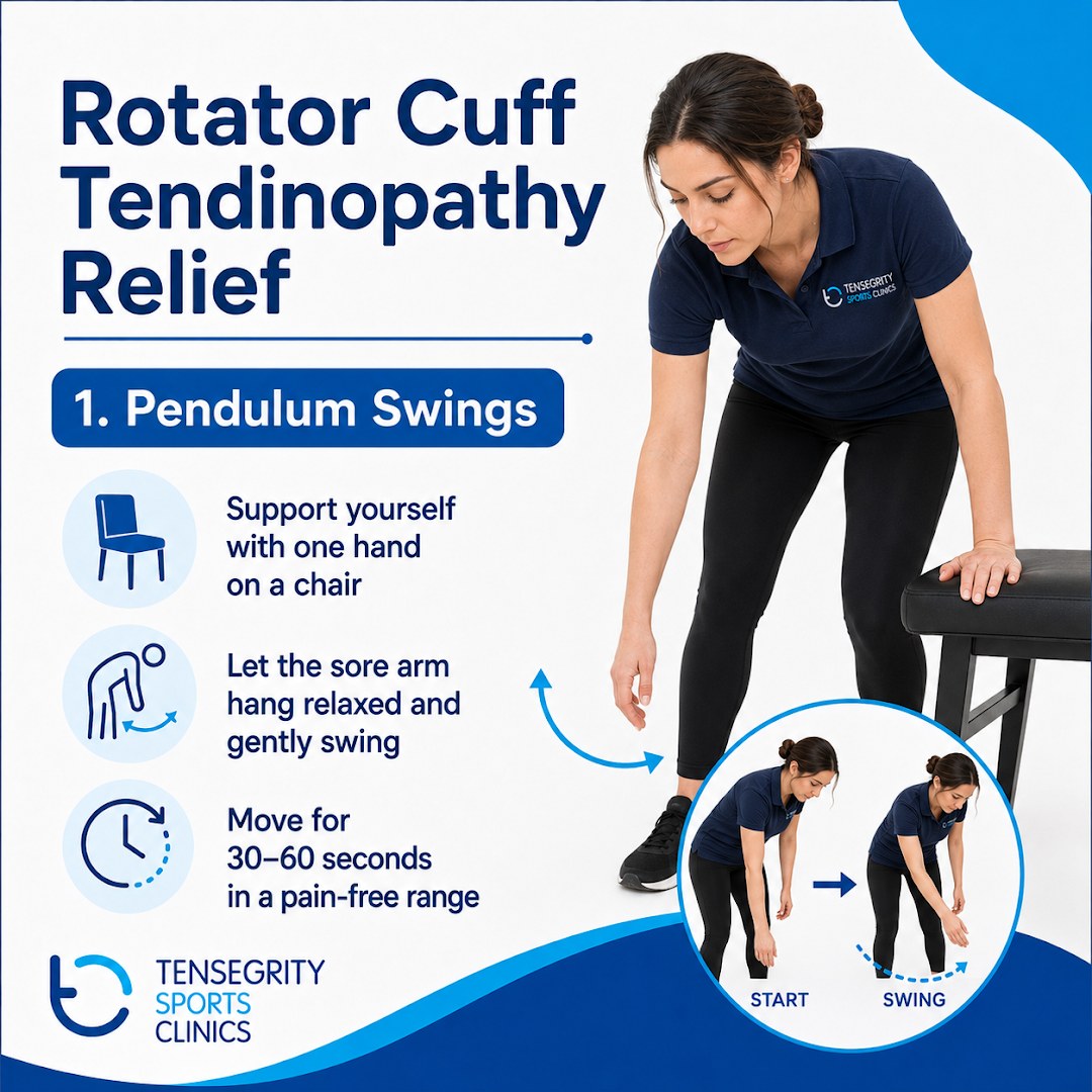 Pendulum swing for rotator cuff tendinopathy, leaning on a chair and letting the sore arm hang and swing gently