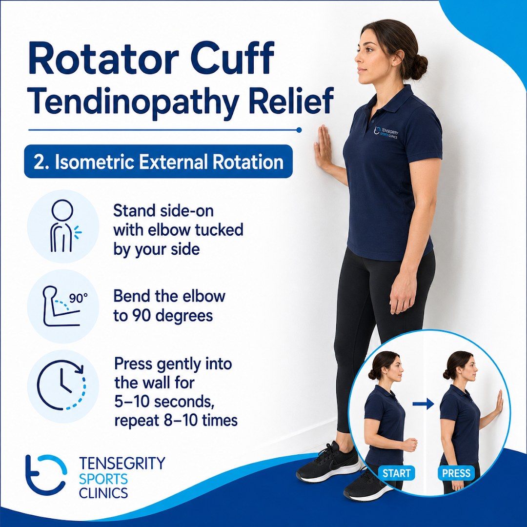 Isometric external rotation for rotator cuff tendinopathy, standing side on with the elbow tucked in and pressing into a wall