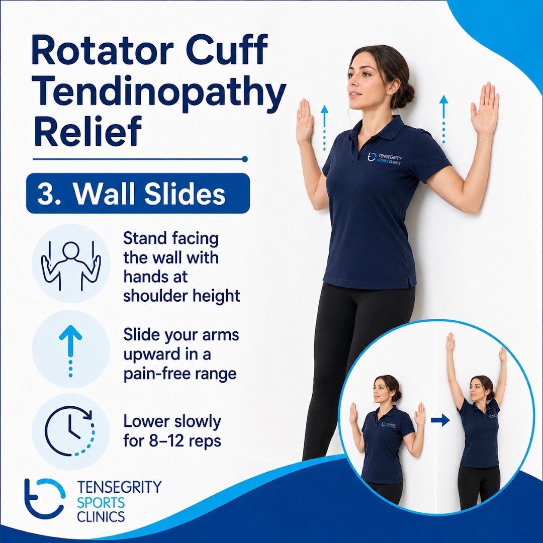 Wall slide for rotator cuff tendinopathy, facing a wall with hands at shoulder height sliding the arms upward
