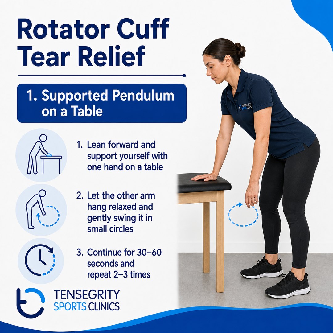 Supported pendulum on a table for a rotator cuff tear, leaning forward with one hand supported and the other arm swinging in small circles