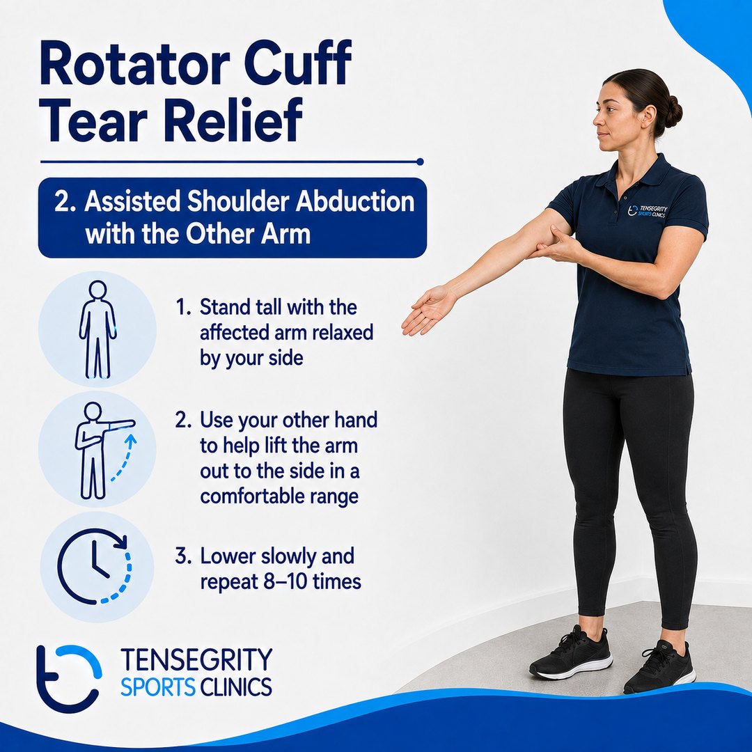Assisted shoulder abduction for a rotator cuff tear, using the other hand to help lift the affected arm out to the side