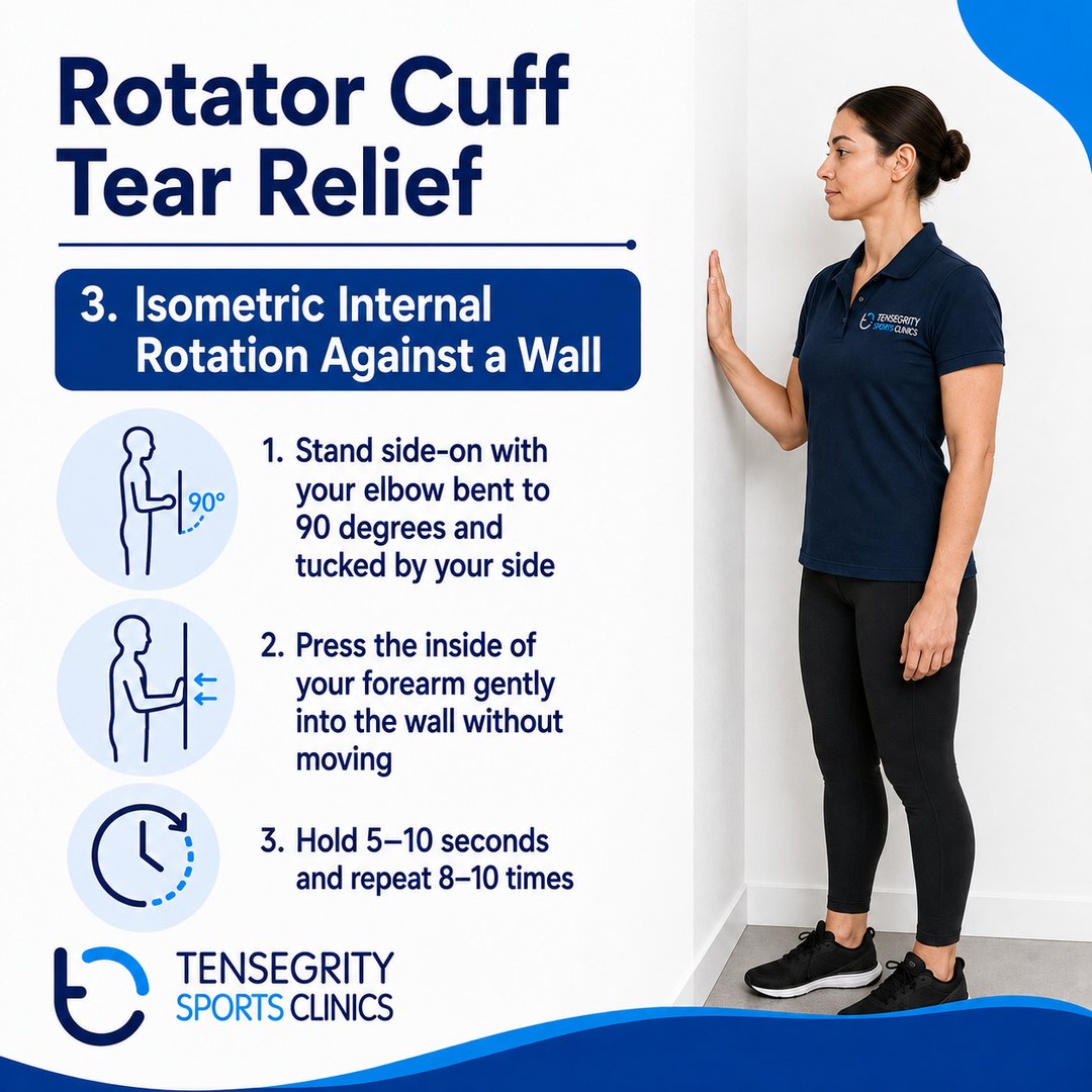 Isometric internal rotation against a wall for a rotator cuff tear, elbow bent to 90 degrees pressing the forearm into the wall