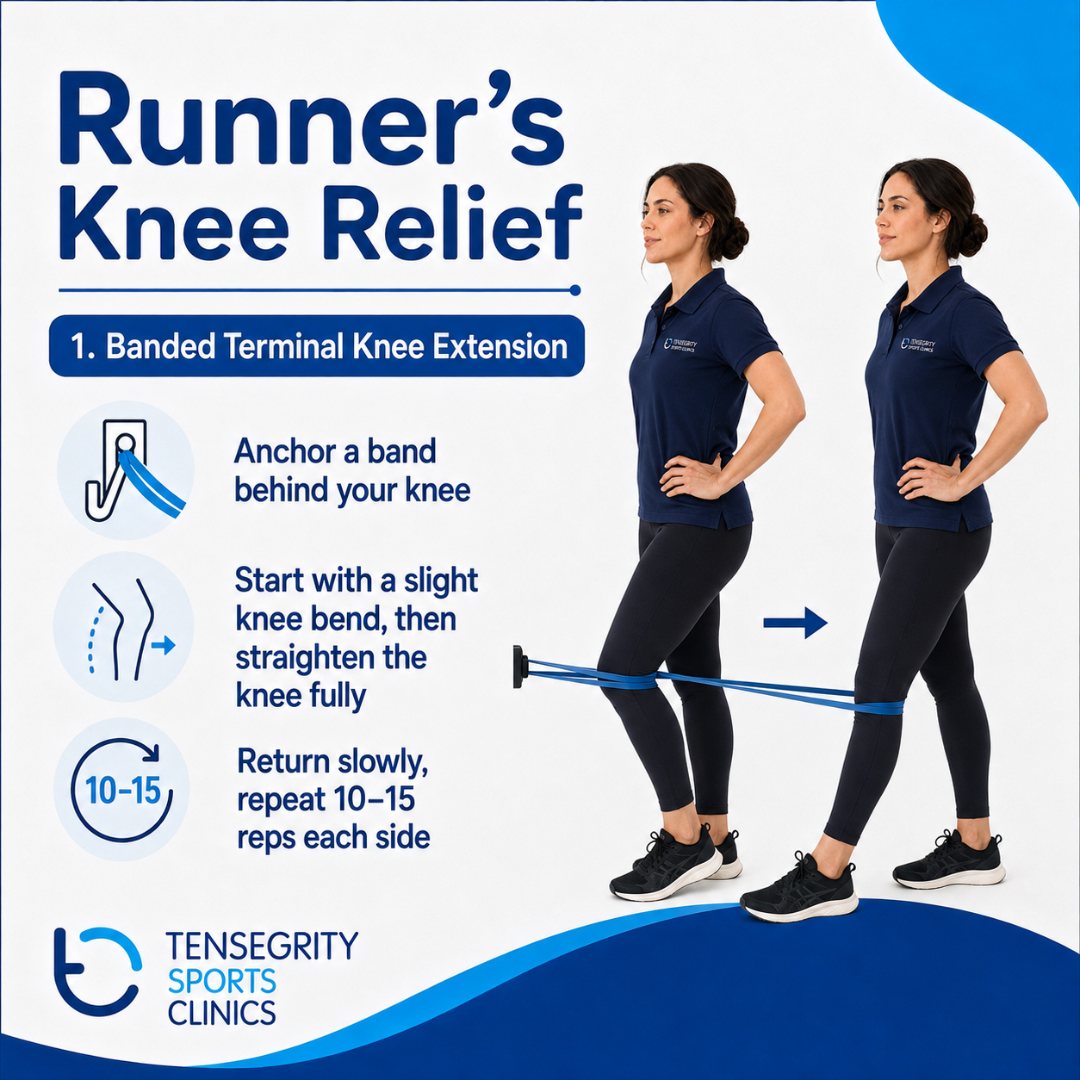 Banded terminal knee extension for runners knee, standing with a band behind the knee straightening the knee fully