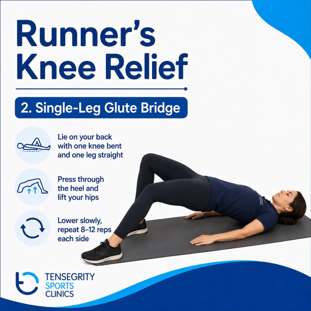 Single-leg glute bridge for runners knee, lying on the back with one knee bent pressing through the heel to lift the hips