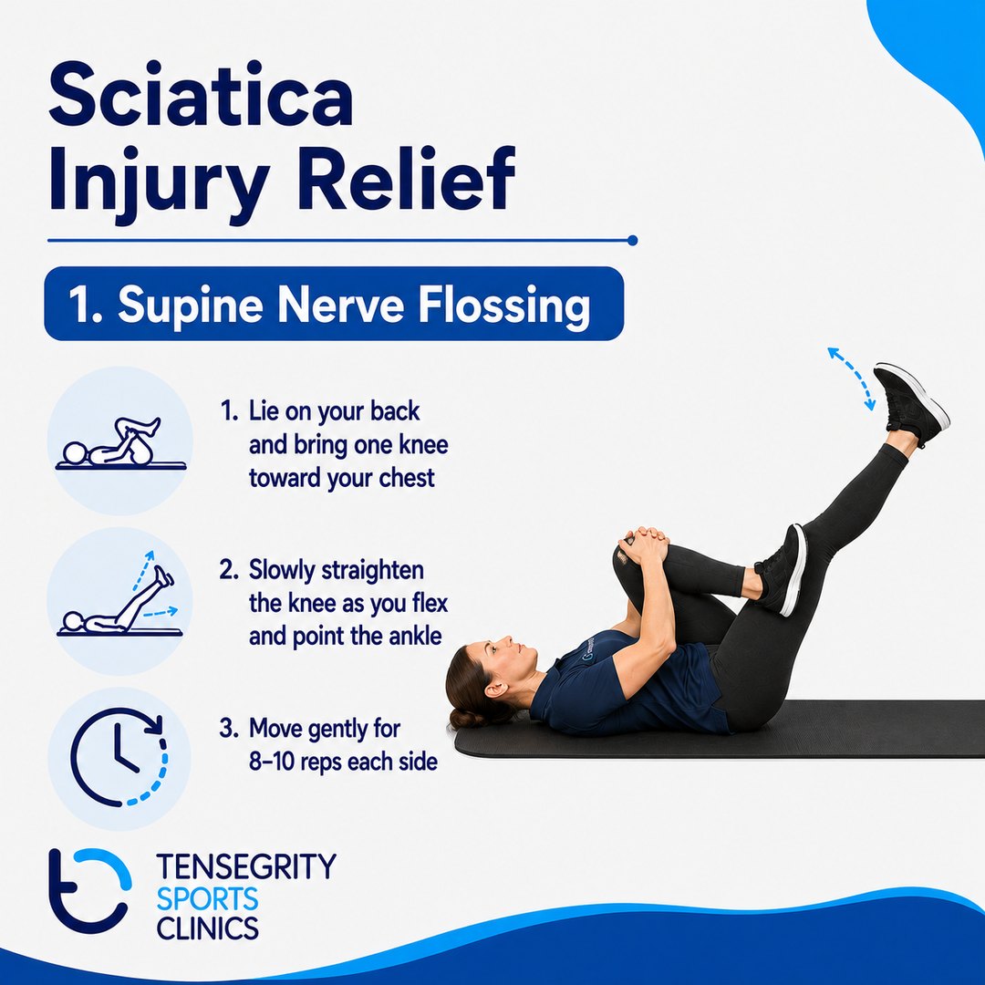 Supine nerve flossing exercise for sciatica, lying on the back with one knee drawn toward the chest and the knee slowly straightening
