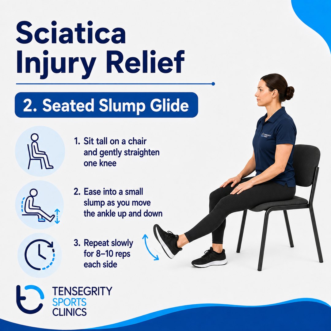 Seated slump glide exercise for sciatica, sitting tall on a chair with one knee straightening and the ankle moving up and down