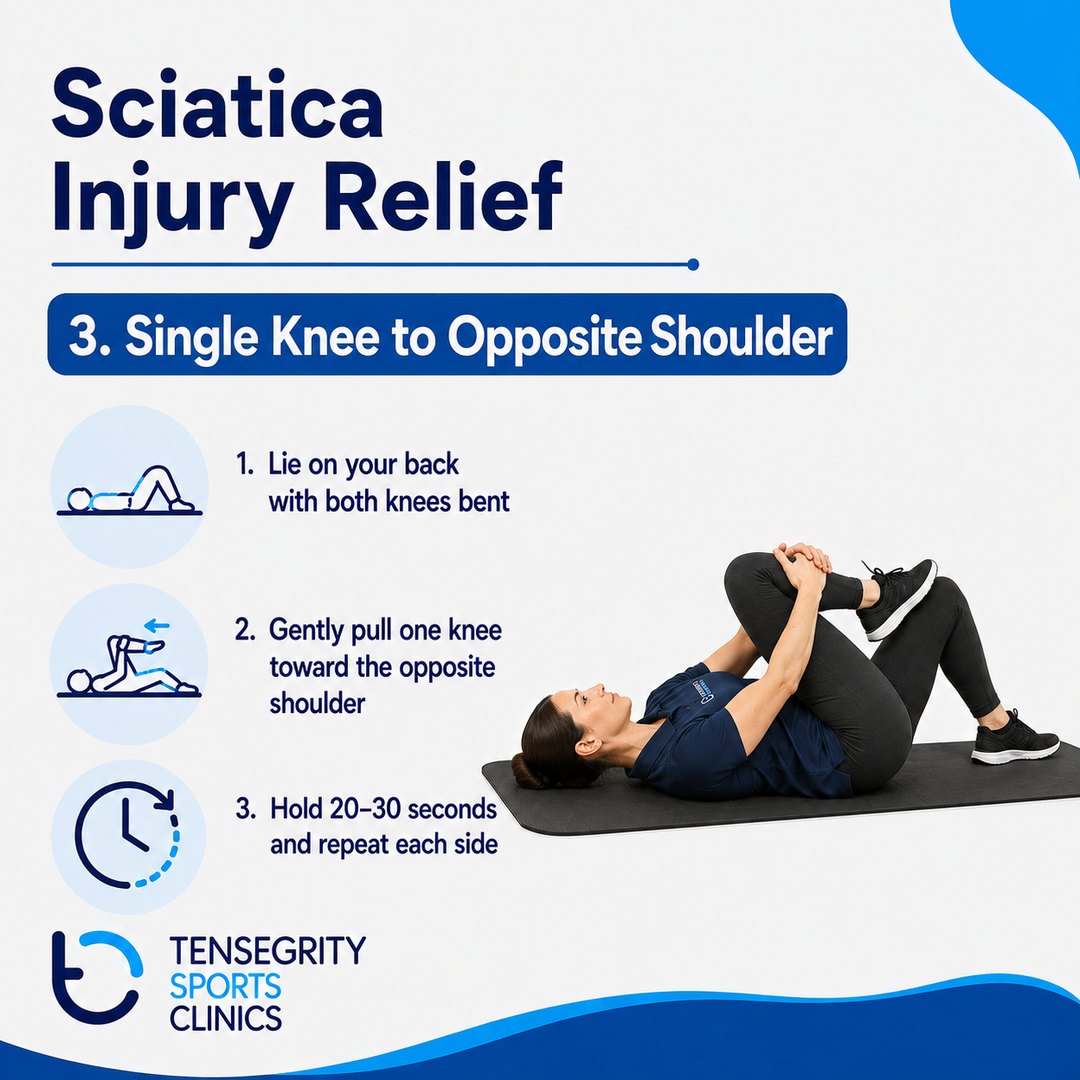 Single knee to opposite shoulder stretch for sciatica, lying on the back with one knee drawn gently across toward the opposite shoulder