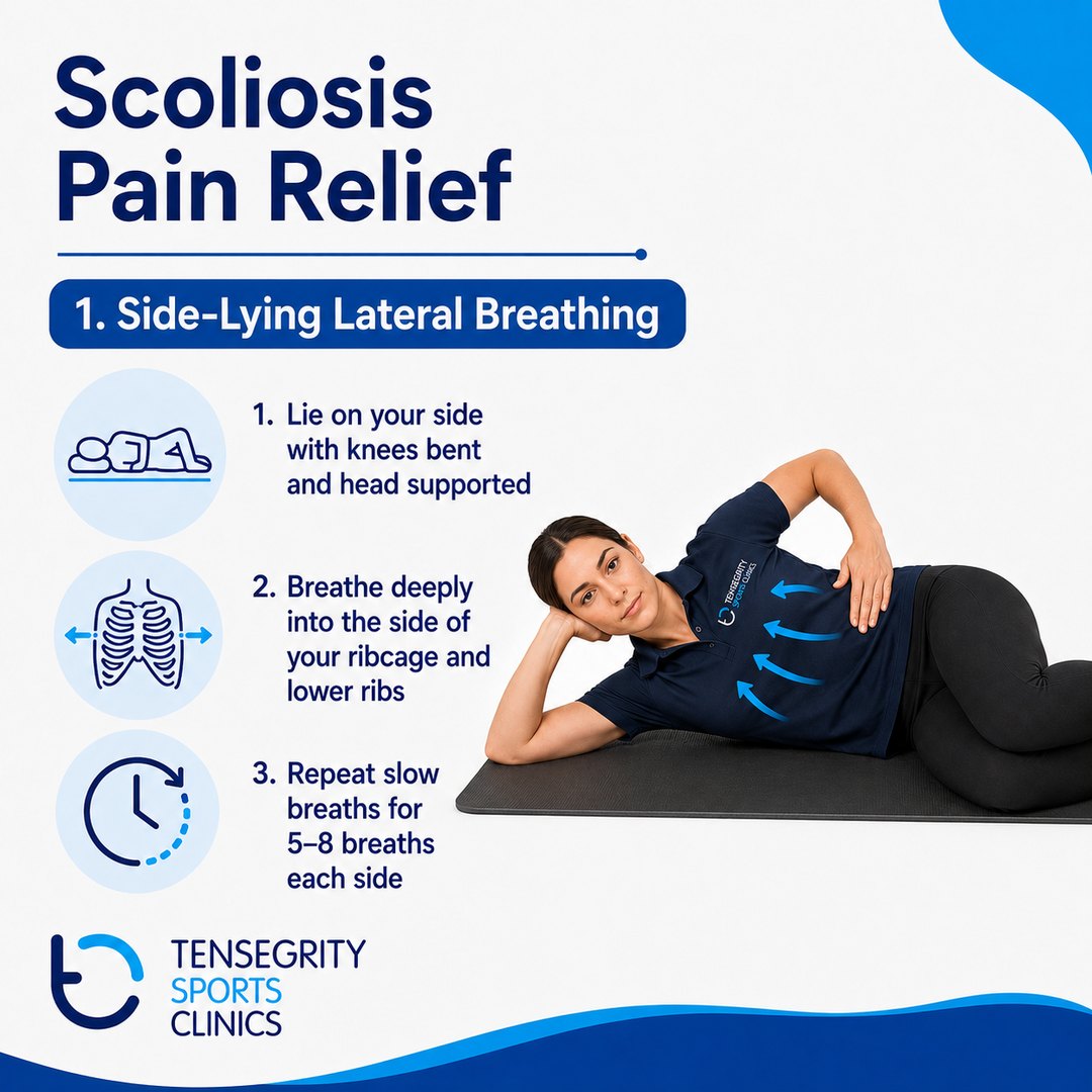 Side-lying lateral breathing for scoliosis pain, lying on the side with knees bent and breathing into the side of the ribcage