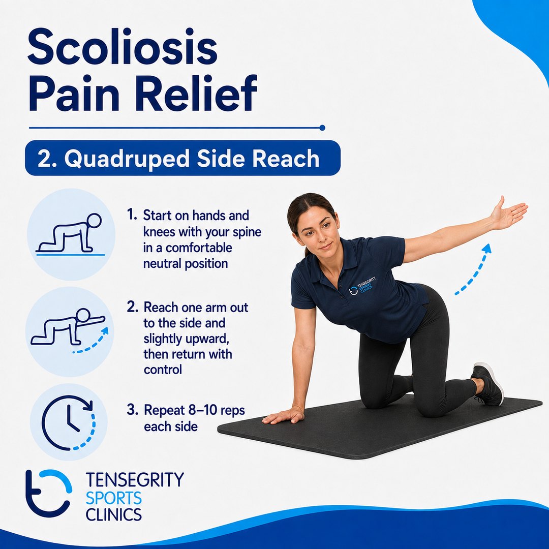 Quadruped side reach for scoliosis pain, on hands and knees reaching one arm out to the side and slightly upward